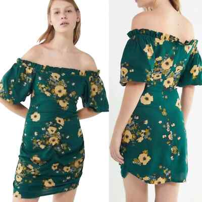 Urban Outfitters Mini Dress Floral Print Off Shoulder Ruched Green Womens 0  UO | eBay