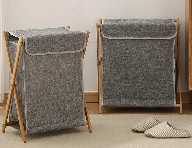 Wäschekorb Bambus Wäschesammler Wäschetruhe / Bambus & Stoff grau / 56 x 50 x 34 - Bild 2 von 3