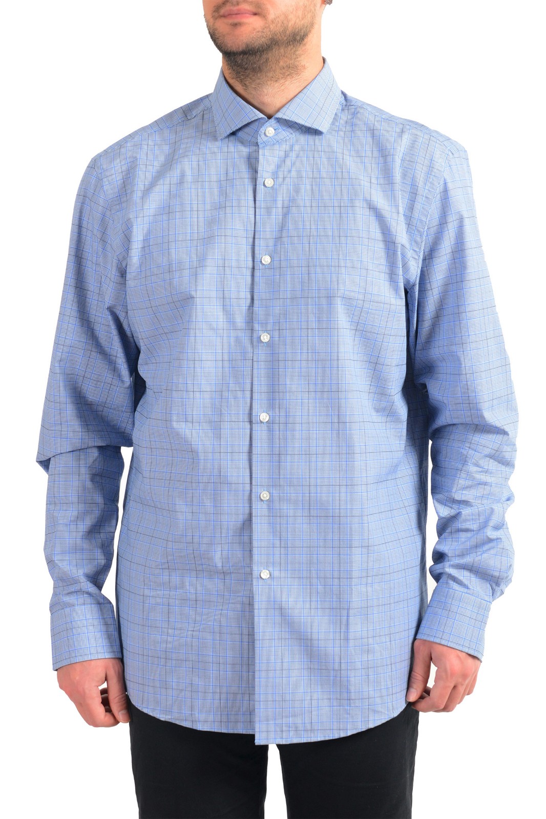 Мужская рубашка в клетку с длинным рукавом Hugo Boss Mens Mark US синего цвета в обтяжку 13190₽