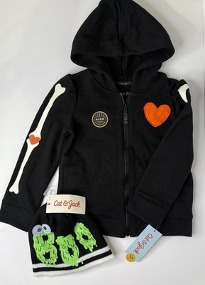 Cat & Jack 4T Halloween FULL zip Hoodie Glows in Dark Black & Knit  Boo  Hat Set