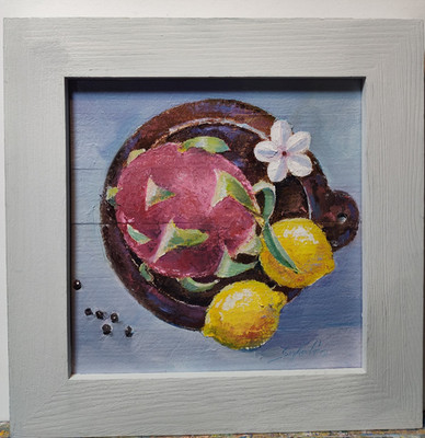 Original oil painting, Contemporary art, Exotic Fruits Still life, Yellow lemons