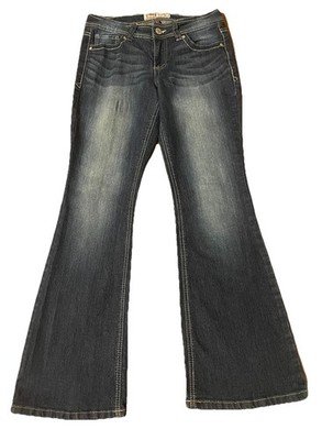 Y2K L.E.I. Sophia Hipster Flare Jeans Short Blue Denim Embroidered Junior Size 7