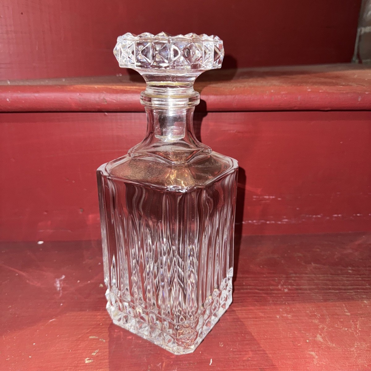 置物 60s woman&panther decanter VTG 1960 Decanter Crystal Glass Diamond Cut Etched Square Base w