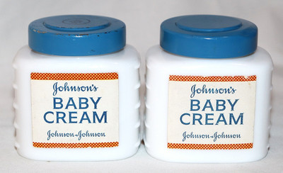 Johnson's Baby Cream 1960s Milk Glass Jar Metal Blue Lid  2  1/8 oz Vtg Set of 2
