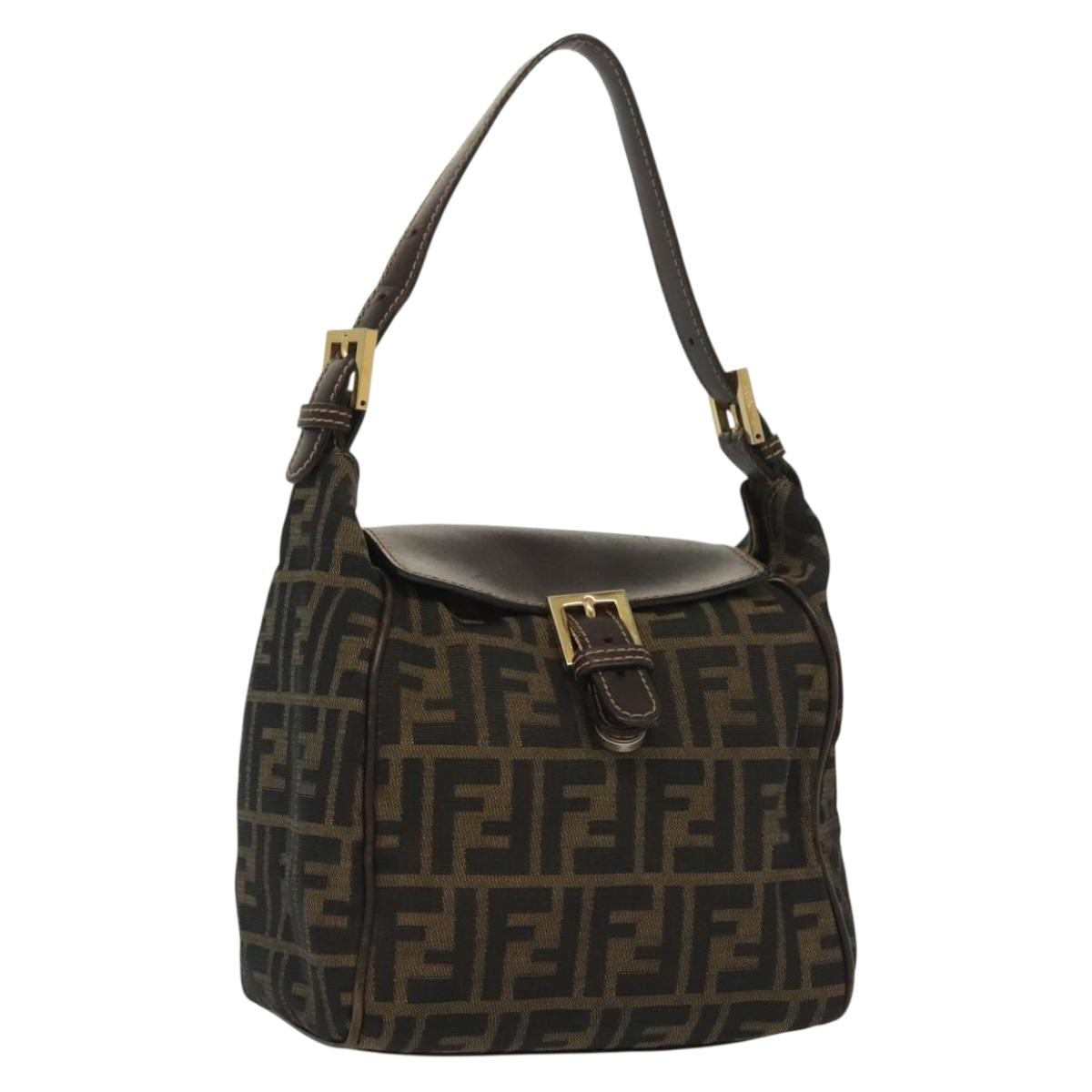 FENDI Zucca Canvas Shoulder Bag Black Brown Auth 139367