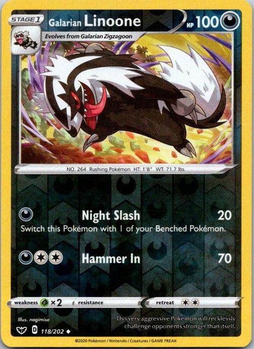 Galarian Linoone Reverse Holo Uncommon SWSH01 Sword & Shield Base Set 118/202 NM
