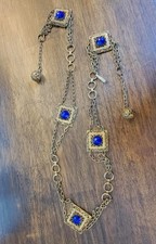 Vtg Art deco Style Ornate Brass Chain Belt With Blue Czech Glass and Filigree