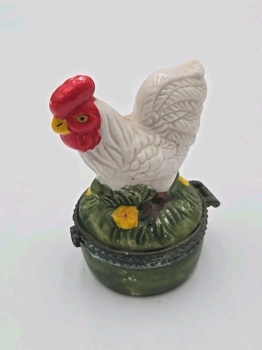 Porcelain Rooster Trinket Box with Bronze Hinged Lid Vintage