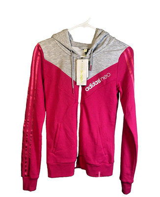 Adidas Neo Women's Jacket Zip Up XS Pink Gray Hooded Sweatshirt Workout Gym NEW