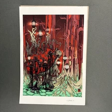 Fantasy Forest Art Print Lanterns & Ghostly Trees Signed J. Fatté 2012 12.5”x16”
