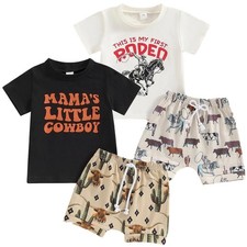 Toddler Boys Shorts Set Western Cowboy-Print Short Sleeves Tops Elastic Pants...