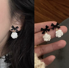Black Bow Pearl Camellia Earrings | French Chic