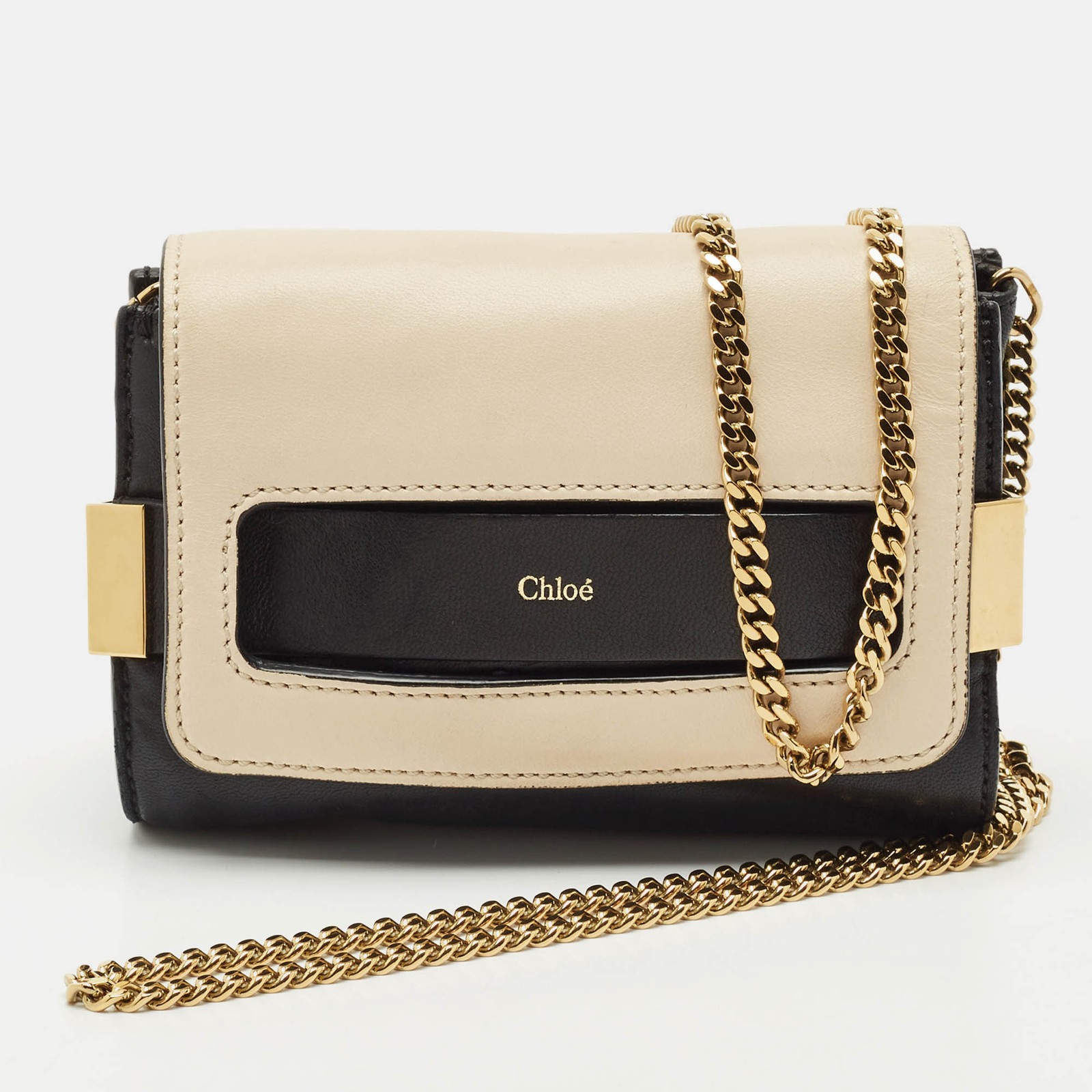 Chloe Mini Elle Chain Clutch in Black and White Leather