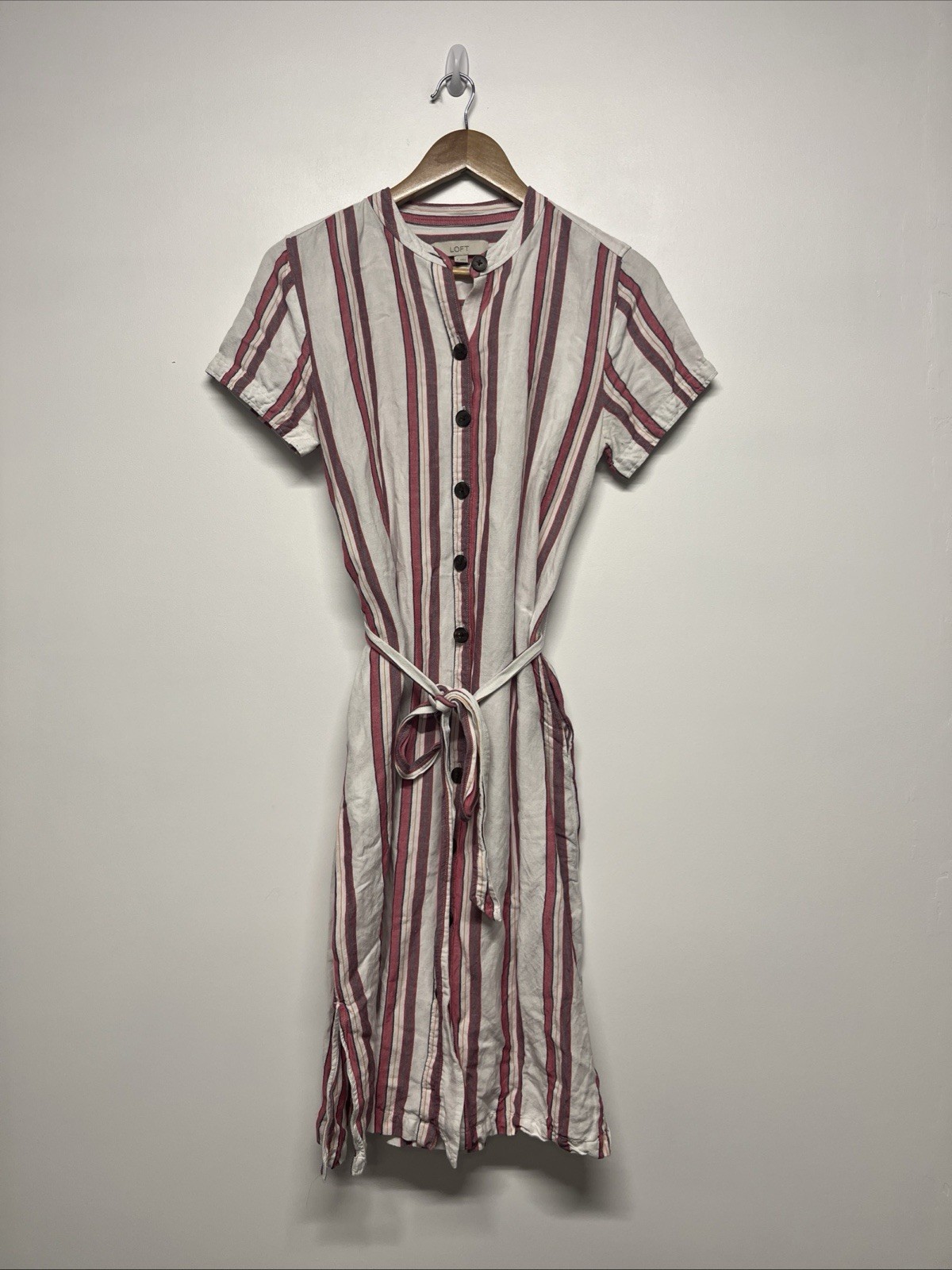 Loft Dress Women's Size 6 Button Down Midi Striped Multi-Colored Short Sleeve
