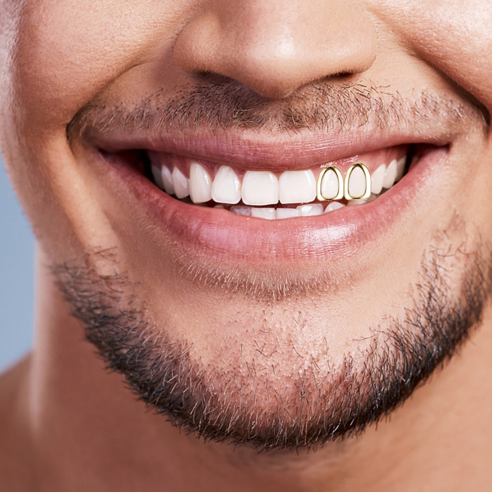 2Pcs Reusable Golden Metal Teeth Grill Caps for Hip-Hop Style Decoration