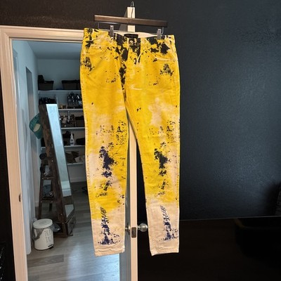 Rare VERSACE Paint Splatter Straight Leg Jeans Luxury Streetwear Yellow Size 36