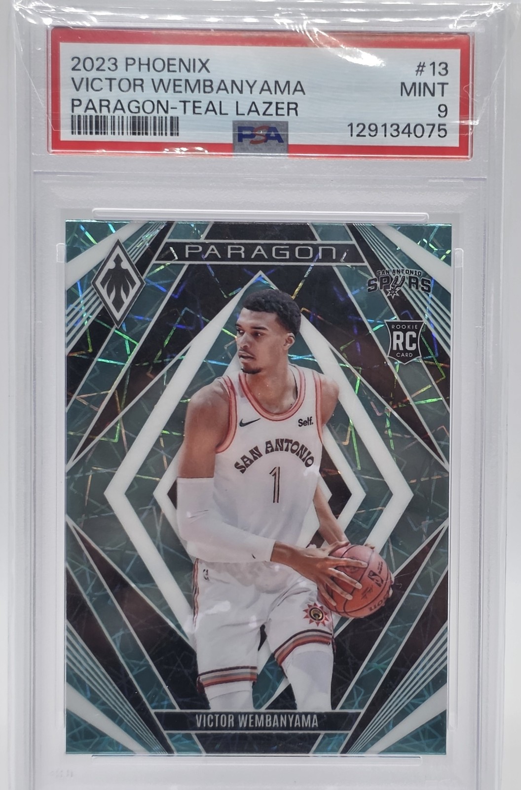 2023-24 Panini Phoenix Victor Wembanyama #13 Paragon Teal Lazer RC Spurs PSA 9