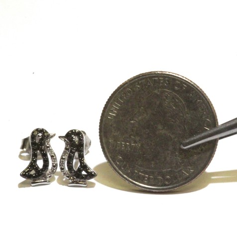 New 925 sterling silver .12ct SI1 H black white diamond penguin studs earrings - Picture 4 of 8