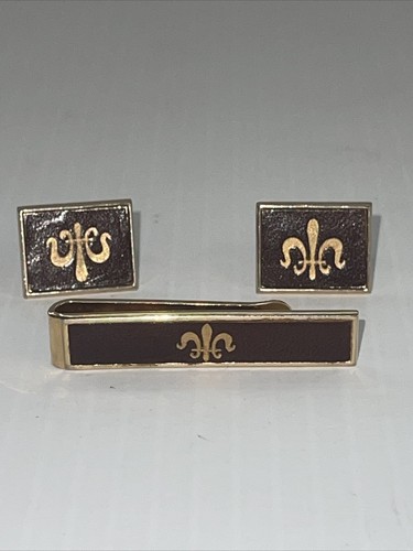 VTG SWANK GOLD TONE BROWN LEATHER Square CUFF LINKS AND RETANGLE TIE CLIP - Picture 8 of 8