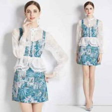 Vestito Abito Tailleur Set Camicia Gonna Verde Bianco Pizzo Elegante GIPSY 42953