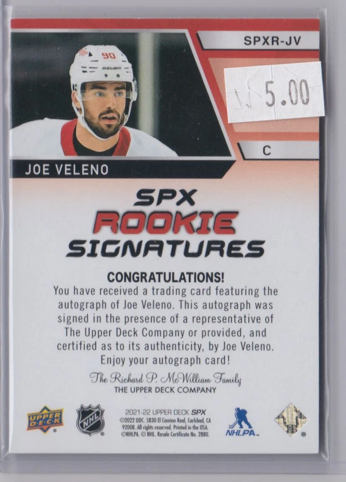 2021-22 SPx Rookie Signatures Joe Veleno RC Auto Detroit Red Wings #SPXR-JV - Image 2 of 2