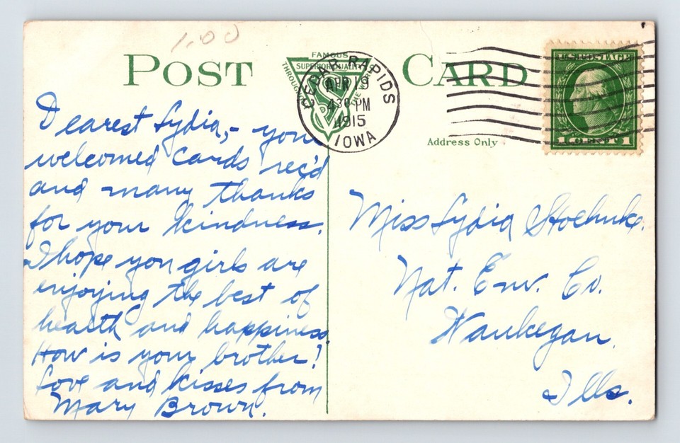 Postcard Iowa Cedar Rapids IA Riverside Park 1915 Posted Divided Back