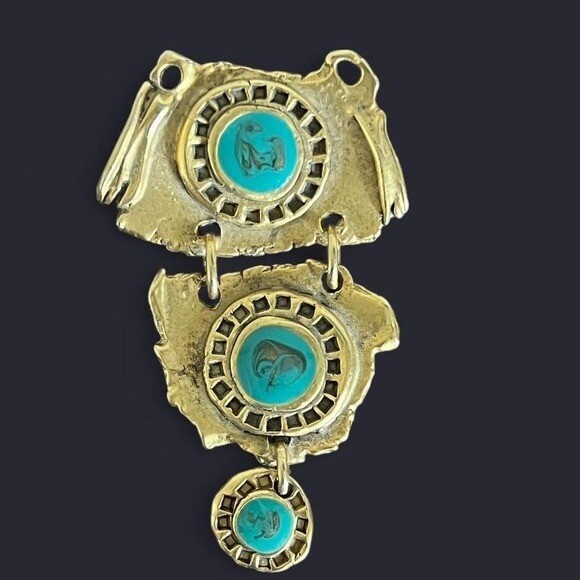 Brutalist  Long Brooch, Enamel Turquoise, Gold Tone, Artisan Sculptural vintage