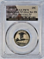 PCGS PR70 2018-S Block Island NP Silver Reverse Proof Quarter Flag Label (b417)