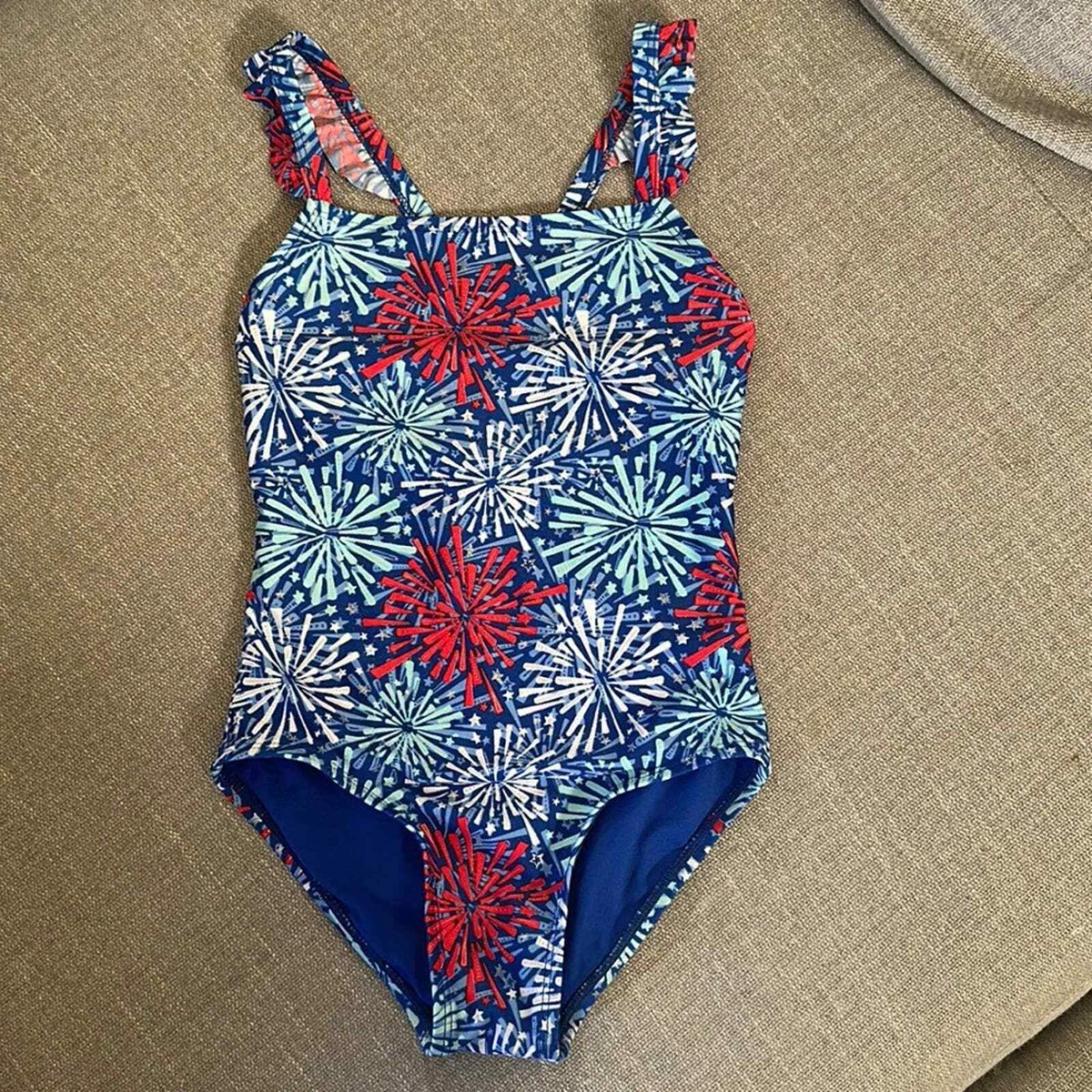 Cat Jack Girls Red White and Blue Fireworks One Piece Swimsuit