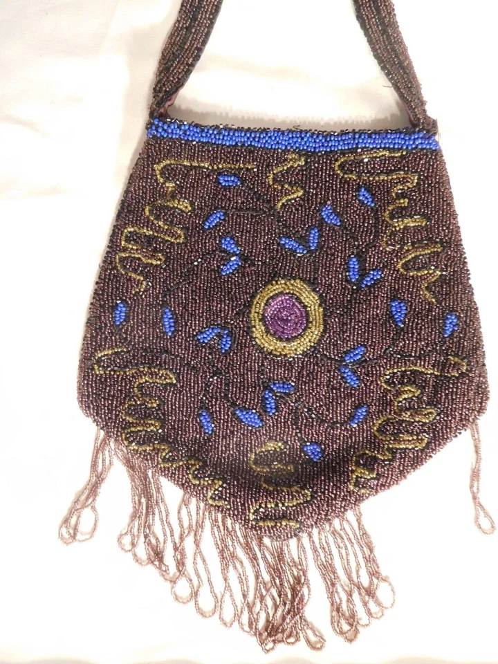 Impresionante cartera antigua con solapa púrpura, azul y dorado Foto 4 de 4