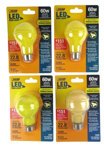 4 Yellow LED Bug Light Bulbs 5 watt (60w Replace) A19 Indoor/Outdoor NEW