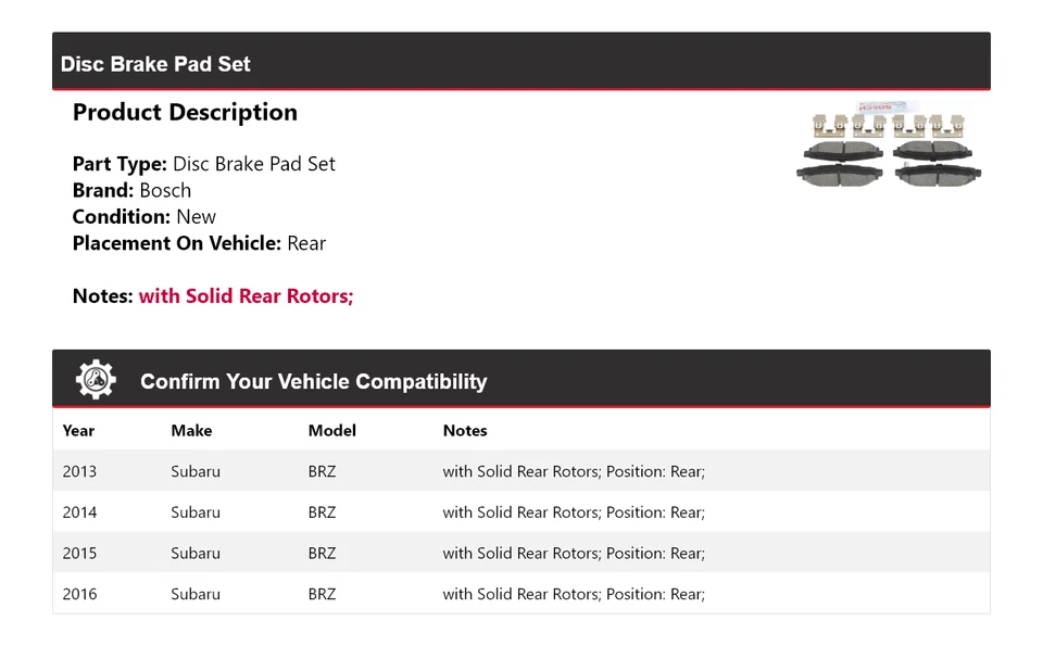 Задние керамические тормозные колодки QuietCast для Subaru BRZ Bosch 2013-2016 годов выпуска 2014 2015 годов выпуска - Изображение 2 из 4