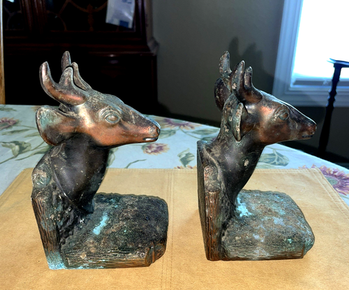 Vintage Deer Stag Bookends Copper Tone Patina BMP 1950 marked on bottoms - Picture 9 of 17