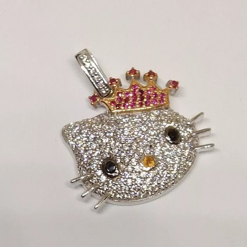 Crown Kitty Gift Pendant 14K Two Tone Gold Plated 2Ct Round Lab-Created Diamond - Picture 4 of 5