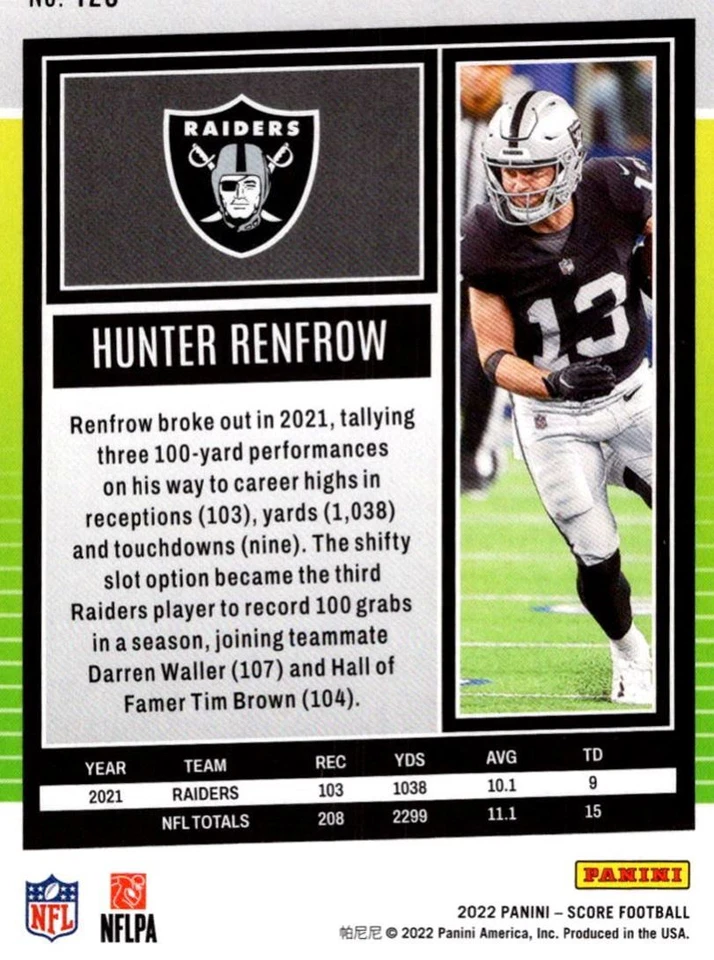 2022 Score Hunter Renfrow Las Vegas Raiders #123 - Image 2 of 2