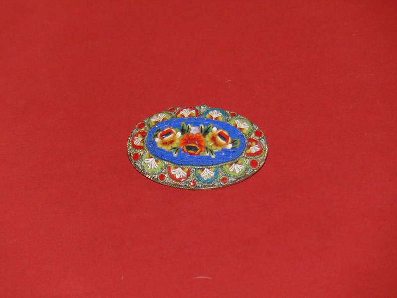 Antique Italian Micro Mosaic Glass Flowers Oval Brooch Pin