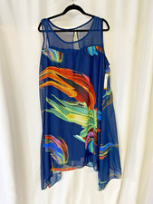 Robby Bee Signature Dress Blue Watercolor Asymmetric Hem Sheer Lined Size 16 NWT