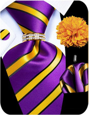 5PCS Mens Silk Tie, Pocket Square, Cufflinks, Purple Gold Tie Set -281 7