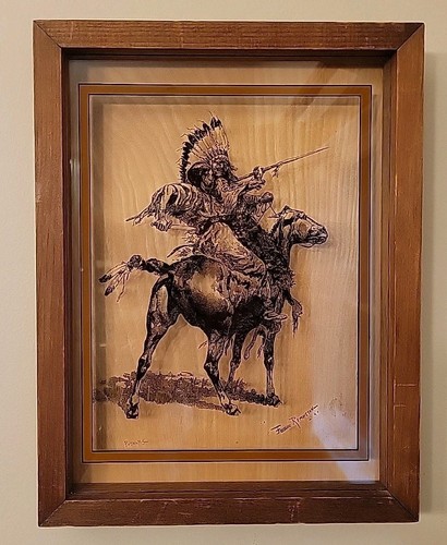 Frederic Remington Two Indians Replica Framed Art On Glass Lucid Lines Vtg 1974 - Afbeelding 2 van 20