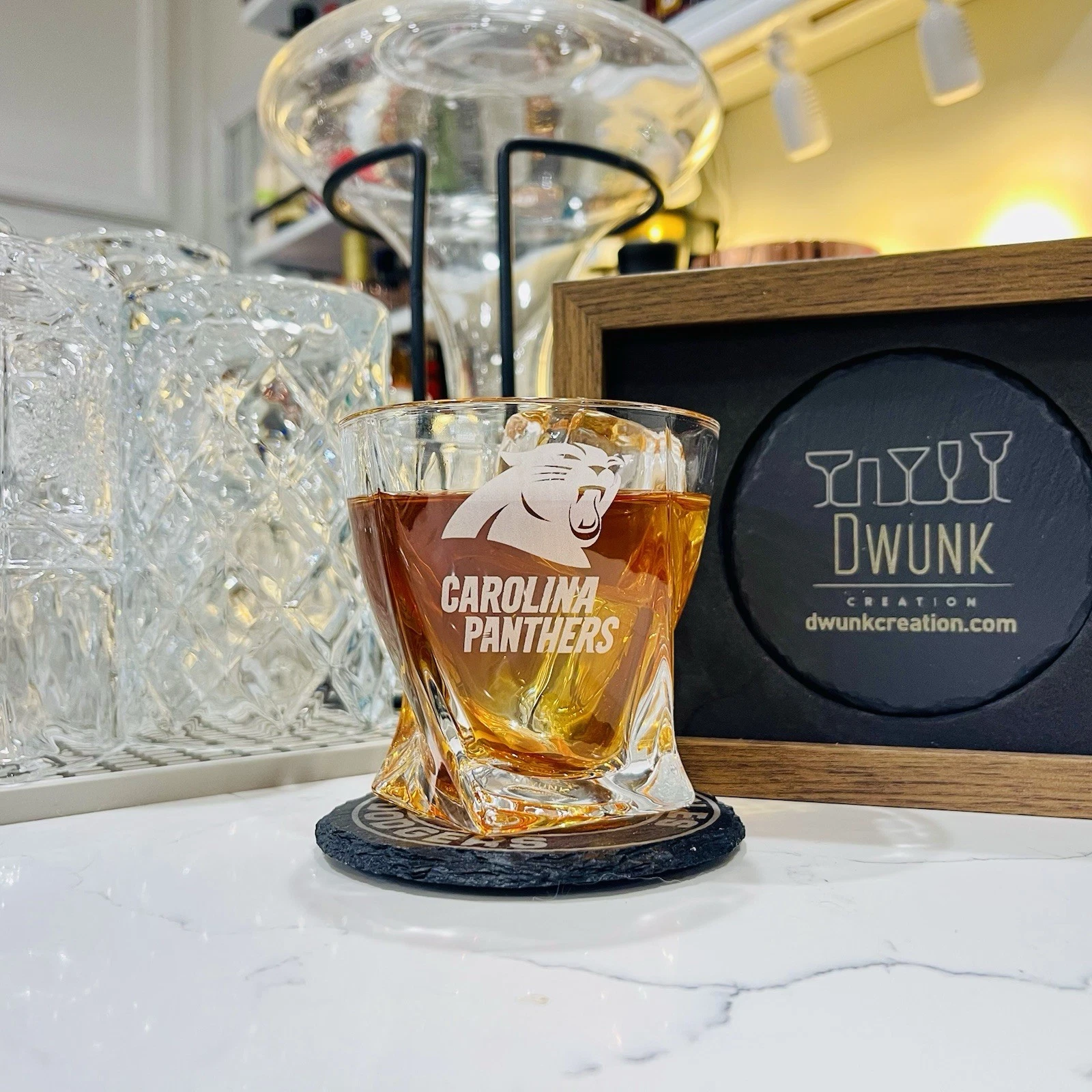 Engraved Carolina Panthers Whiskey Glass - Twisted Whiskey Glasses