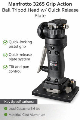 Manfrotto 3265 Grip Action Ball Tripod Head w/ Quick Release Plate