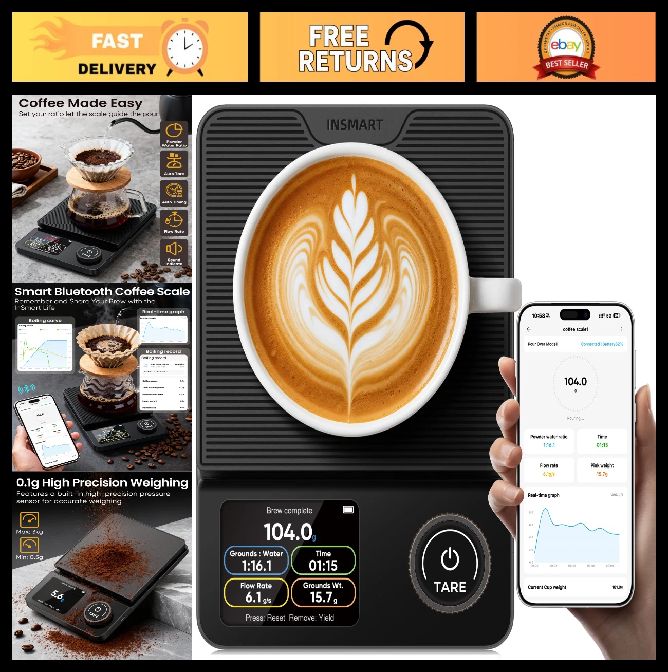 High Precision Coffee Scale with Timer & Bluetooth, 5kg/0.1g, Large Display, 3 B