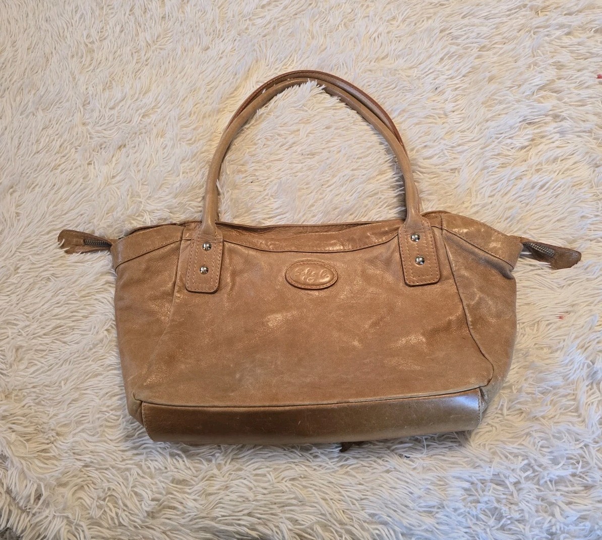 Sofia C. Genuine Leather Satchel Handbag Woven Checkerboard Flower 