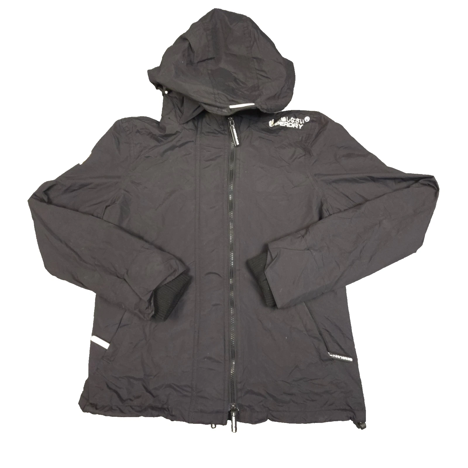Superdry Jacket Women LARGE black windbreaker winter long sleeve hooded Size L