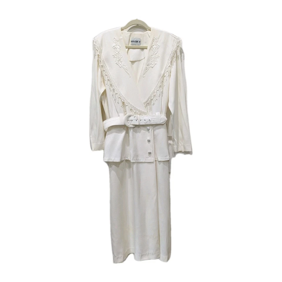 Traje Falda Vintage Mujer Marfil Una Pieza Talla 16 Cinturón Encaje Flecos Glamour Occidental Foto 3 de 4