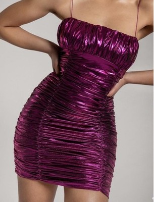 Meshki Celena Ruched Bodycon Mini Dress Size 2XS Fuchsia Pink Metallic Party Y2k