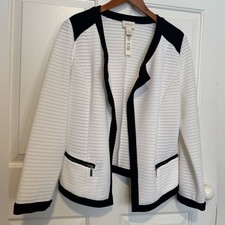 Chico's White Knit Open-Front Jacket with Black Trim size 1