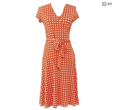 Leota Milo Flutter Sleeve Size Medium Orange White Geometric Faux Wrap Dress