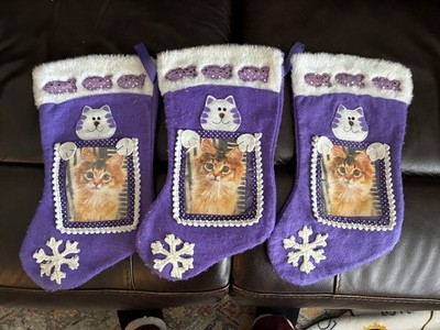 Cat Christmas Stocking With Insert For Picture Lot of 3 Purple And White 14''