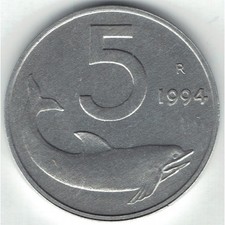 5 LIRE 1994 DOLPHIN AND RUDDER ITALIAN REPUBLIC UNC CF131B